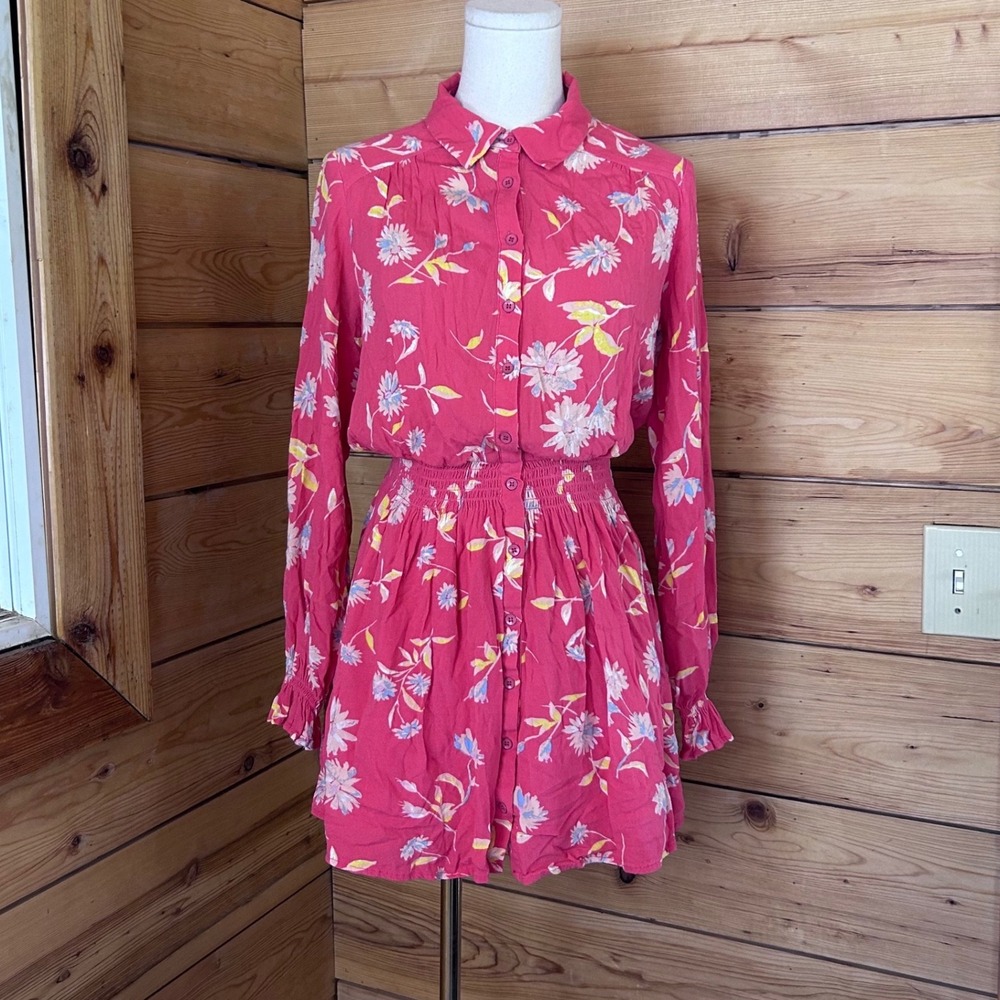 Floral Mini Dress Womens Extra Small Coral Pink Smocked Retro Boho Free People